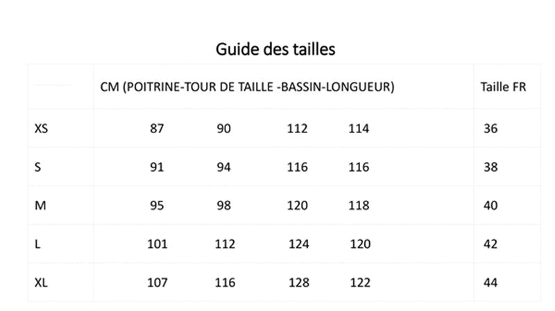 guide des tailles pour robe de soiree en soie ALLURE